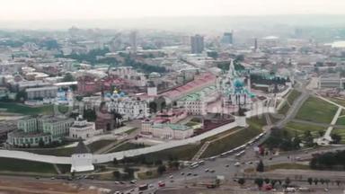 喀山全景.. 太阳，俄罗斯，来自无人机。 喀山克里姆林宫的全景。 喀山，俄罗斯，来自无人机。